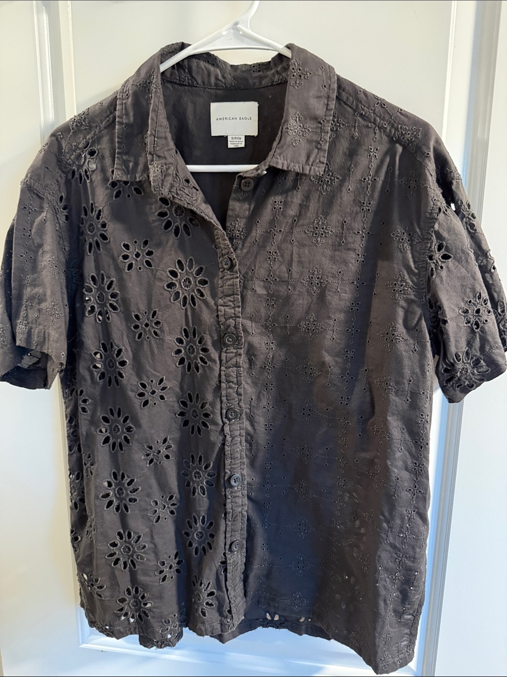 American Eagle Outfitters Charcoal Eyelet Button-Down Top